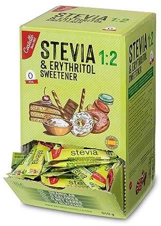 Castello since 1907 Stevia + Erythrit 1:2 Süßstoff, 204 Sticks mit 2,5 g | 100% Natürlich schmeckender Zuckerersatz, 0 Kalorien, 0 Glykämischer Index, Keto und Paleo, 0 Kohlenhydrate