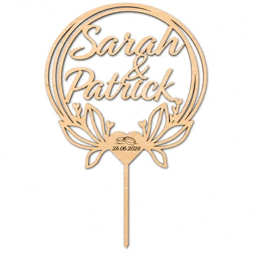 Birdart Box® Tortenstecker für deine Hochzeit – hochwertiger Tortenstecker aus Holz, moderner Cake Topper mit Namen und Hochzeitsdatum (Holz Natur)