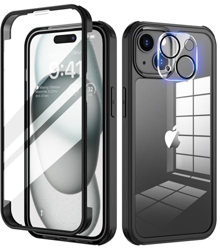 seacosmo for iPhone 15 Case with 9H Tempered Glass Screen Protector, Black | Full Body Shockproof Protection Armour Cover, Camera Lens Protector, Slim Fit Bumper Dual Layer Protective Rugged Phone Case