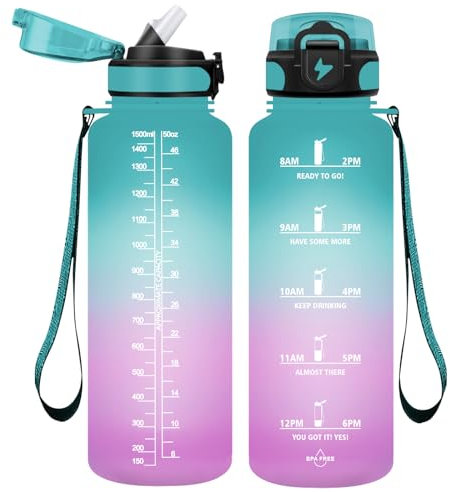 Vikaster Unisex-Adult VK-TY-SDXZG-1500ML-JB-Green-Powder-VC 1.5l Strohhalm, BPA Frei, Trinkflasche für Yoga, Fitness, Camping, Outdoor, Grün-Lila 1500ml