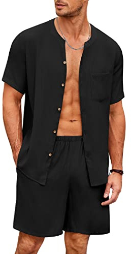 Ekouaer Herren Schlafanzug Kurz Pyjama Baumwolle Kurzarm T-Shirt Pyjamahose Zweiteilig Set Knopfleiste, S-XXL