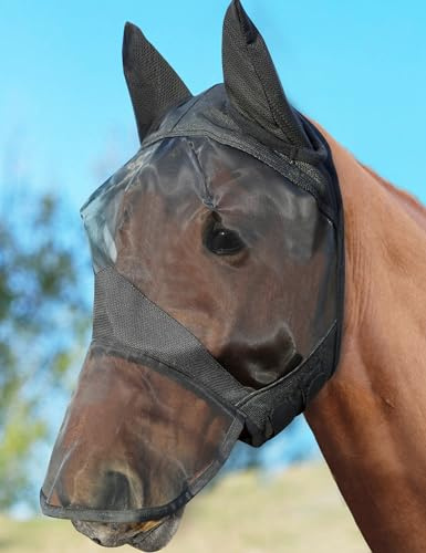 HackFond Horse Fly Mask with Long Nose and Ears, Full Face UV Protection for Horses, Smooth Fine Mesh Equine Fly Mask, L - Full