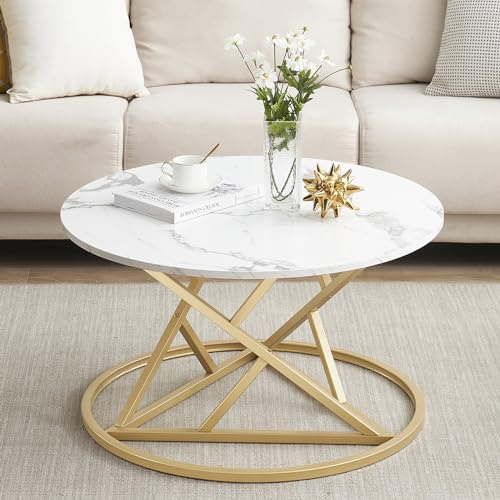 ZZINOKE Couchtisch Rund,Marmor Couchtisch mit Gold Metallrahmen,80cm Geräumiger Desktop,Wohnzimmertisch Modern,Beistelltisch Rund Weiß