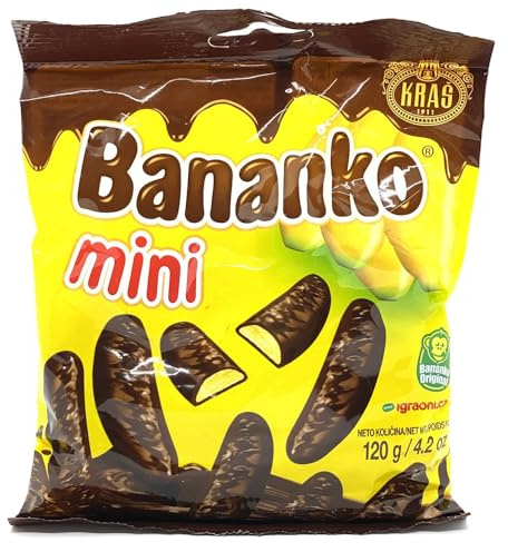 Kraš Bananko 120 g - Mini plátanos de espuma cubiertos de chocolate, irresistiblemente deliciosos - ¡Disfrute de cada bocado de dulce felicidad! Paquete de 5 (120G, 5 Pack)