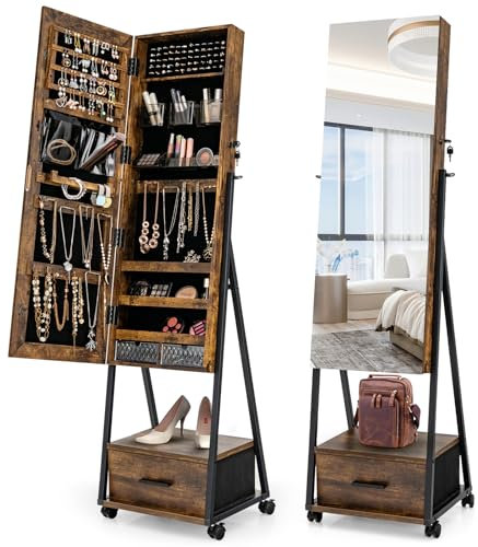 GOPLUS Armoire à Bijoux 2 en 1 avec Miroir Pleine Longueur, Organisateur de Bijoux sur Pied avec Roulettes Verrouillables, Armoire de Bijoux Verrouillable pour Chambre, Vestiaire (Café)