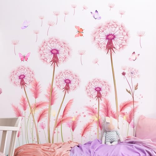 Ueiwffzo Wandtattoo Pusteblume XL Rosa Wandaufkleber Löwenzahn Pflanzen Blüten Schmetterling Aufkleber Wandsticker Wohnzimmer Babyzimmer Kinderzimmer Wanddeko
