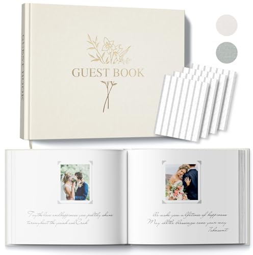 Wedding Guest Book with 216 Photo Corners Stickers, Linen Guestbook to Sign at Bridal Shower or Wedding Reception Party,100 Pages, Blank Thick Paper Books for Baby Shower Memorial Service- Beige