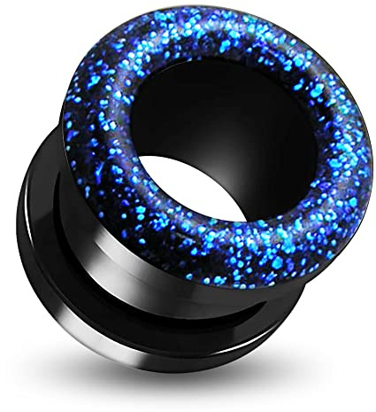 AZARIO LONDON 1 Pair of 12MM Blue Glitter Inlay Black UV Acrylic Flesh Tunnel - UV Ear Plug- Plug and Tunnel