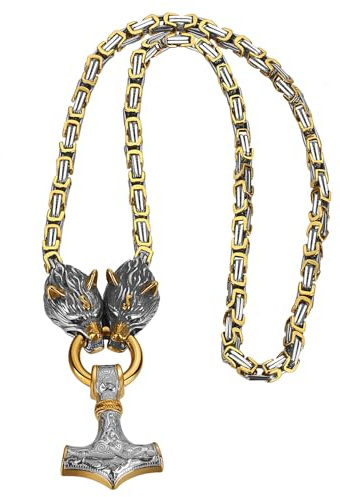 OIDEA Collar Martillo Thor Vikingo: Colgante Cadena Bizantina de Cabeza de Lobo Pesado para Hombre Acero Inoxidable Amuleto Hipoalergénico - Para Uso Diario Regalo
