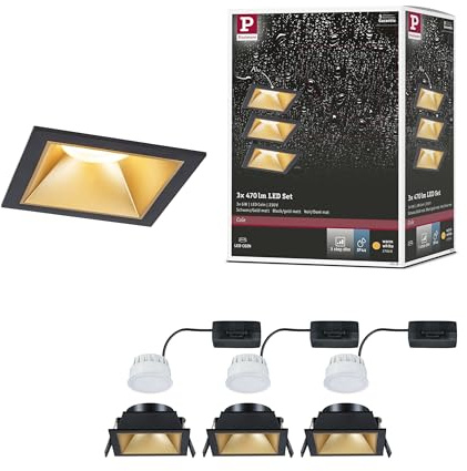 Paulmann 93129 LED Einbauleuchte 3-Step-Dim Cole IP44 eckig 88x88mm Coin 3x6W 3x470lm 230V 2700K Schwarz, Gold matt