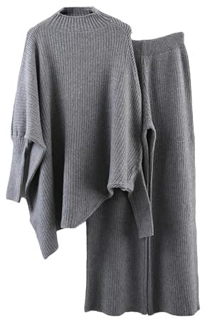 2-teiliges Strickset für Damen, unregelmäßiger Pullover, hohe Taille, weites Bein, grau, Einheitsgröße