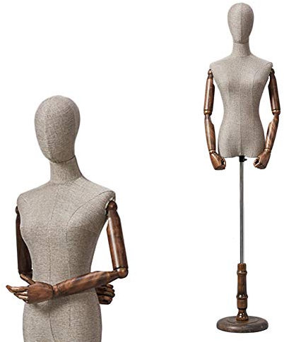 Schaufensterpuppe, verstellbar, weibliches Leinen-Design, hellbrauner Torso, Schneiderpuppe für Kleidungsdisplay, Modellständer mit Holzarmen (CL)