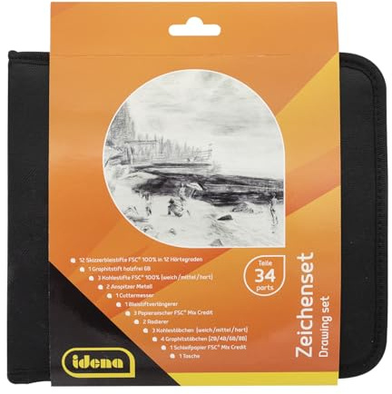 Idena 60065 - Zeichenset, 34 Teile in praktischer Aufbewahrungstasche, Zeichenzubehör-Set ideal für Anfänger und erfahrene Künstler