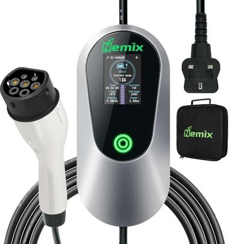 Nemix 3.0KW Home EV Charger, 5 Metres Cable with Type 2 to 3 Pin Plug, Portable Electric Car Charger for EVs and PHEVs