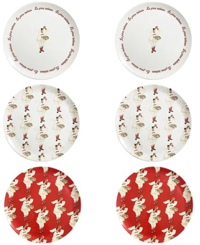 PALUPLUS Set 6 Piatti Pizza Rotondi in Melamina, Diametro 33 cm e Altezza 1,5 cm, Piatto con 3 Decorazioni, Infrangibili e Riutilizzabili, Fantasia Pulcinella -3757C