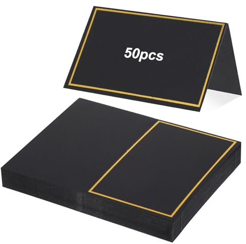 50 Stück Tischkarten für den Tisch, 5 x 10 cm Tischzeltkarten mit Goldfolien-Rand, Lebensmittel-Etiketten für Party-Buffet, Namens-Sitzkarten für Hochzeiten, Bankette, Veranstaltungen, Dinner-Partys