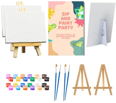 Sip and Paint Party Kit for Adults - Set of 2 Canvas Painting Supplies for Date Night, Couples, Friends, or Family - Includes Paints, Brushes, Easels, Party Decoration - Fun DIY Home Activity