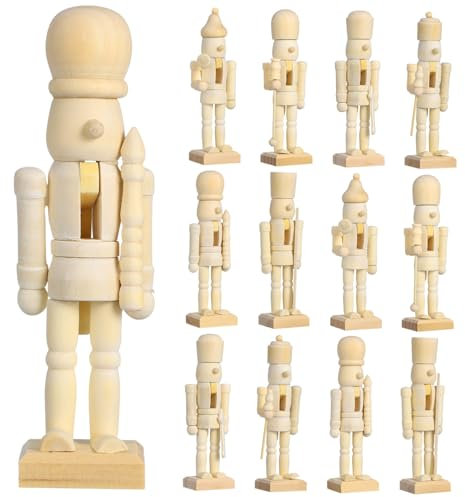 Amosfun 12pcs Christmas Nutcracker Ornament, 13cm Mini Unfinished Wooden Nutcracker Figurine for Painting, Holiday Diy Accessory, Christmas Party Favors