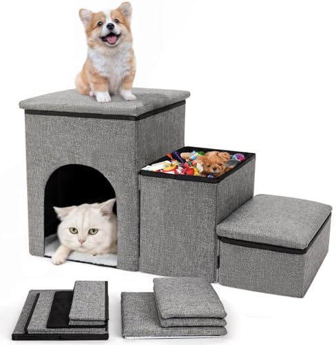 FURRYPAWS Upgraded 3-in-1 Dog Stairs for Bed & Sofa – Foldable Pet Steps with Dual Storage, Secure Anti-Slip Lids & Cozy Top Pet House – Ideal for Small, Senior, Short-leg & Injured Pets