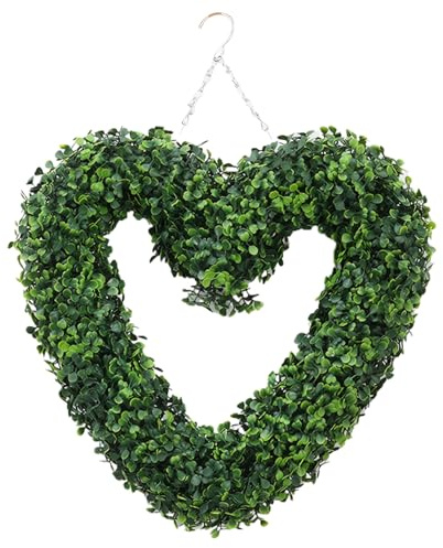 Boxwood Wreath, 16.5 Inch Heart-Shape Artificial Green Wreaths for Front Door, Hanging Summer Door Wreath, Front Wreaths for Summer, Party, Home, Wall, Wedding