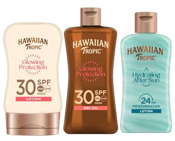 Hawaiian Tropic Huile solaire Glowing Protection SPF 30, Lotion protectrice SPF 30, 100 ml, hydratant après soleil 60 ml