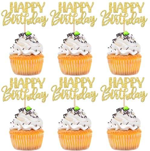 30 PCS Happy Birthday Cupcake Toppers Glitter Happy Birthday Cupcake Picks for Celebrating Anniversary Theme Party Cake Decorations Supplies Gold