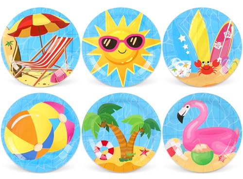 Whaline Beach Pool Party Plate Summer Hawaiian Tropical Disposable Paper Plate 6 Designs Dessert Plates 9 Inch for Swimming Party Supplies Table Decor, 24Pcs
