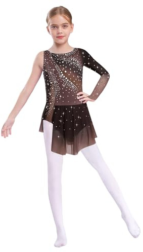 Agoky Vestidos De Baile De Patinaje Artístico para Niña Maillot De Manga Larga con Brillante Vestido De Danza Moderno Marrón 15-16 años