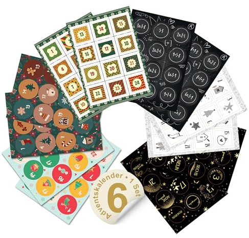 Adventskalender Zahlen Aufkleber & Sticker 1–24 – 6x24 Stück für DIY Adventskalender Tüten zum Befüllen – rund & quadratisch (Ø 4 cm) – Kreativ basteln mit Kindern & Erwachsenen