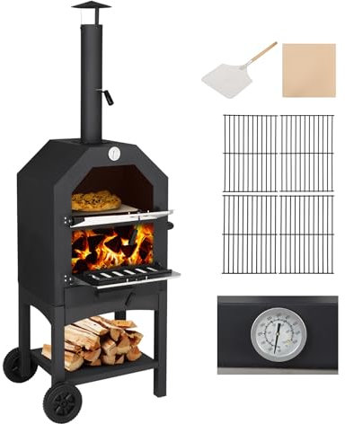 Bonnlo Pizza Oven Outdoor, Wood Fired Pizza Oven with Wheels & Built-in Thermometer for Garden Party, with Pizza Stone, Pizza Peel, Grill Rack
