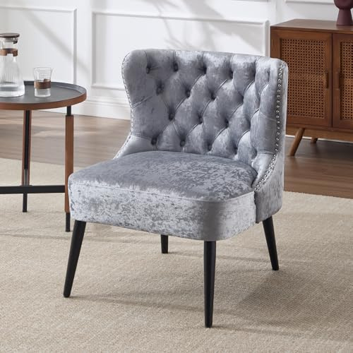DAYALANE Poltrona da Salotto in Velluto Poltrona Imbottita con Schienale Alto Poltroncina Retrò con Gambe in Legno per Soggiorno/Camera da Letto/Lettura, Grigio