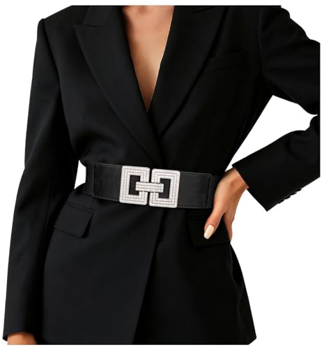JasGood Damen Gürtel,Breiter elastischer Taillengürtel mit Silber-Strass Schnalle, Vintage Retro Stretchy Gürtel für Kleid und Strickrock
