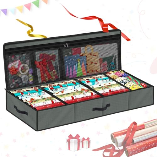 SIMPHAUS Geschenkpapier Organizer Aufbewahrung Geschenkpapierrollen Stabile 600D Oxford Aufbewahrungstasche Geschenkpapier Aufbewahrungsbox für Weihnachtsgeschenkpapier mit Reißverschluss 90x30x12cm