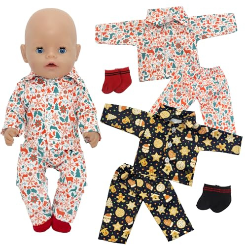 Puppenkleidung für Baby Puppen 35-43 cm, 6 Stuck Puppenkleidung Outfit, Puppenkleidungs mit 2 Langärmlig + 2 Kleiderbügel + 2 Socke, Weihnachtsstil Puppenkleidungs für Mädchen Jungen & Puppensammlerr