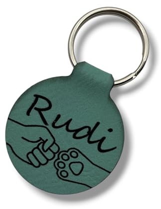 Hundemarke mit Gravur – personalisierte Tiermarke für Hunde & Katzen – leichter Anhänger aus Kunstleder – individuell mit Namen & Telefonnummer – stilvolles Accessoire für Haustiere (Türkis)