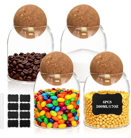 MOAMUN 4 Stück Glas mit Korkdeckel, 500 Ml Luftdichte Vorratsglas mit Etiketten und Stift, Durchsichtige Trocken Glasbehälter Bonbonglas für Lebensmittel Kaffee Zucker Gewürze Tee Kräuter Getreide