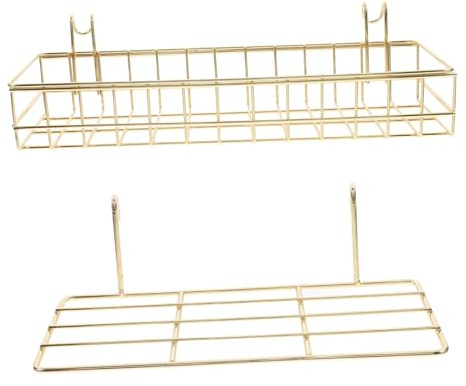LIFKOME 2 Piezas Estante de Pared con Rejilla Metálica Dorada y Cesta Colgante con Ganchos Organizador de Almacenamiento Versátil para Hogar Montaje Pared para Accesorios y Exhibición