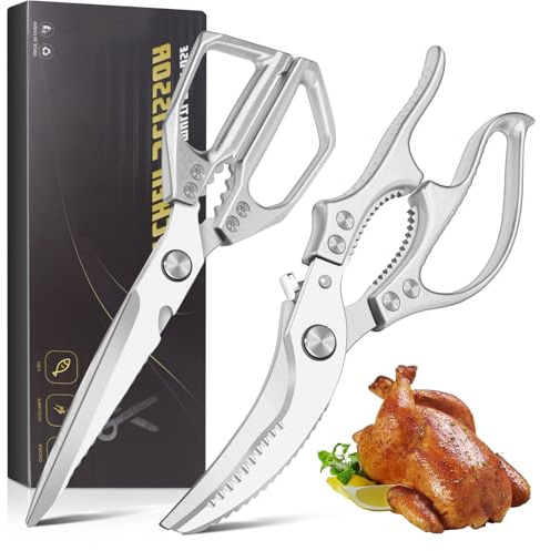 ProudMoore 2 Pack Kitchen Shears, Heavy Duty Poultry Shears with Non-Slip Handle & Safety Lock, Spring Loaded, All Purpose Kitchen Scissors for Food, Meat Cutting, Chicken, Fish, Vegetables