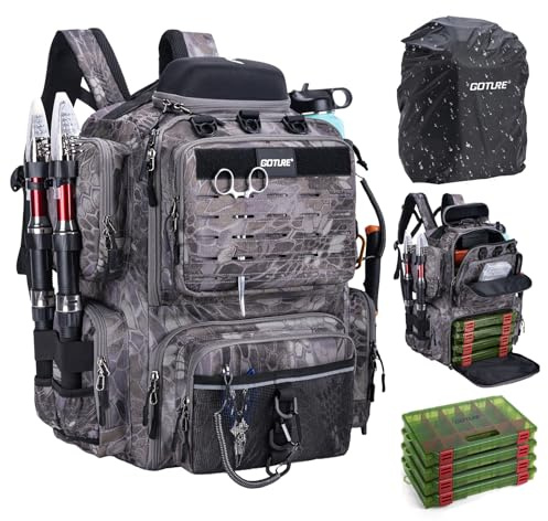Goture Angelrucksack 45L, 4 Köderboxen, wasserdicht, Rutenhalter, Outdoor | Material: 900D Oxford, wasserdicht. Mit Regenschutz & Sonnenbrillenfach. Ideal für Forelle, Karpfen & Outdoor-Angeltouren