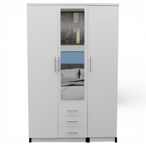 3-Door Mirrored Wardrobe with Drawers – Fully Assembled Bedroom Storage Solution with Hanging Rails & Shelves – Modern Wardrobe with Mirror - 9 Color Options (White)