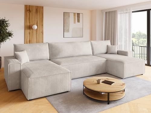 BROMARKT Ecksofa mit Schlaffunktion Cord Vanilla Wohnlandschaft u Form Big Sofa Schlafsofa mit Bettkasten Schlafcouch Wohnzimmer Couch 5 sitzer 312x143x85 cm ADI