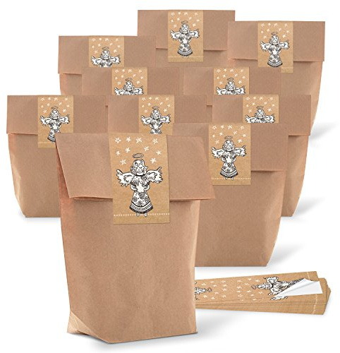 Logbuch-Verlag 10 Weihnachten Engel Geschenktüte Kraftpapier MIT AUFKLEBER Tüte Beutel zum Befüllen Kinder Kunden Gäste Mitarbeiter Kollegen 14 x 22 x 5,5 cm