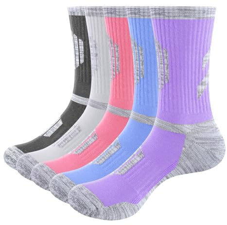 YUEDGE Women's Hiking Walking Socks Moisture Wicking Cotton Rich Cushioned Womens Socks Padded Safety Welly Boot Socks Anti-Odor Work Socks for Women, 5 Pairs
