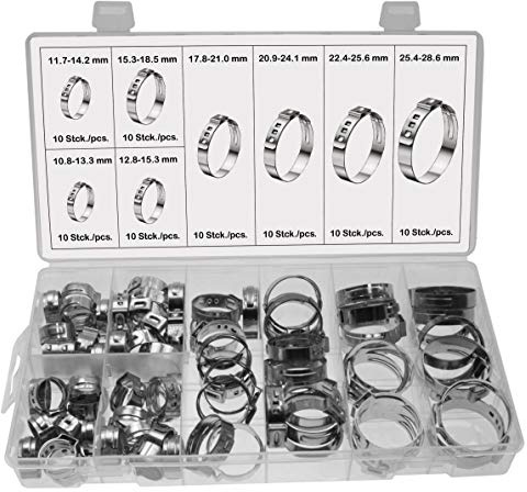 Universal 1-Ohr Schlauchschellen/Klemmschelle(1-Ohr-Klemmen) Leitungsschelle Schlauchklemmen Leitungsschellen-Sortiment aus 304SS EDELSTAHL 10.8-28.6 mm im Aufbewahrungsbox/Sortimentsbox, 80-tlg.