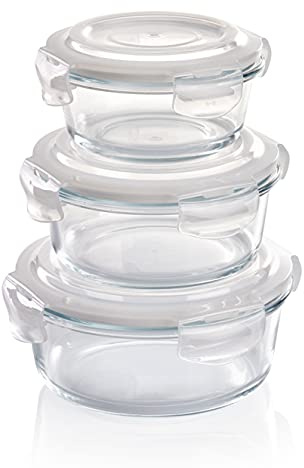 Grizzly Glas Frischhaltedosen, 3er Set, 400 ml, 620 ml, 950 ml, luftdicht, rund, Click-Verschluss, Vorratsdosen hitze- und kältebeständig