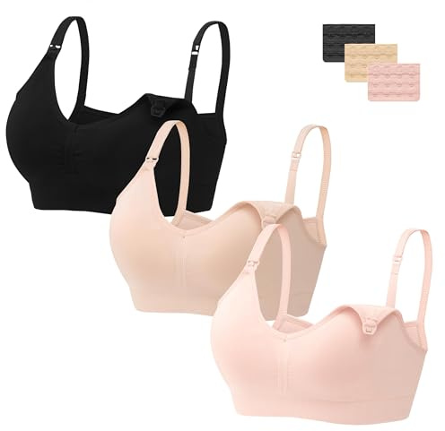 HBselect 3 PCS Reggiseno Allattamento con Estensione Reggiseno Bra Donna Morbido e Traspirante Reggiseno Senza Ferretto e Senza Cuciture. (Nero, Fleshcolor, Beige (con 3 bottone), L)