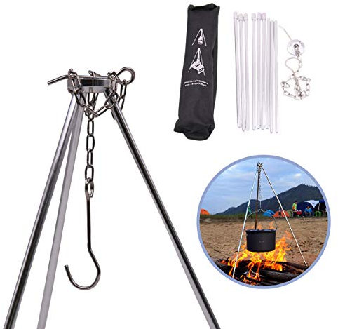 Rayeeley Portable Mini Camping Tripod for Campfire Cooking - Dutch Oven Adjustable Cooker, Grill Stand, Lantern Hanging Pot Holder With Storage Bag