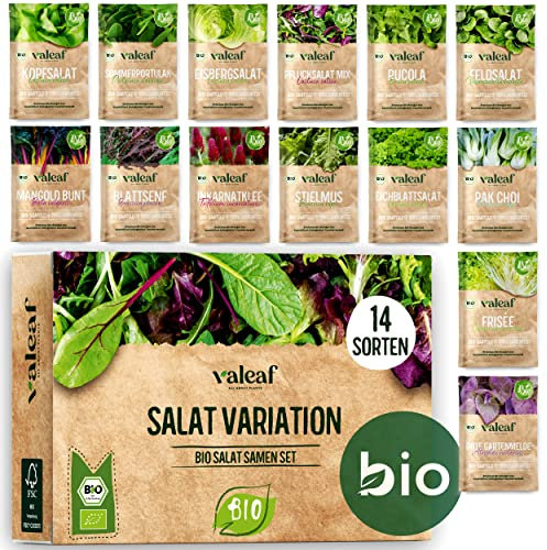 BIO Salat Samen Set - 14 Sorten Salatsamen aus biologischem Anbau I samenfestes Salat Saatgut I Bio Salat Set für Balkon, Garten und Hochbeet I 14er Saatgut Gemüse inkl. Gemüsesamen alte Sorten