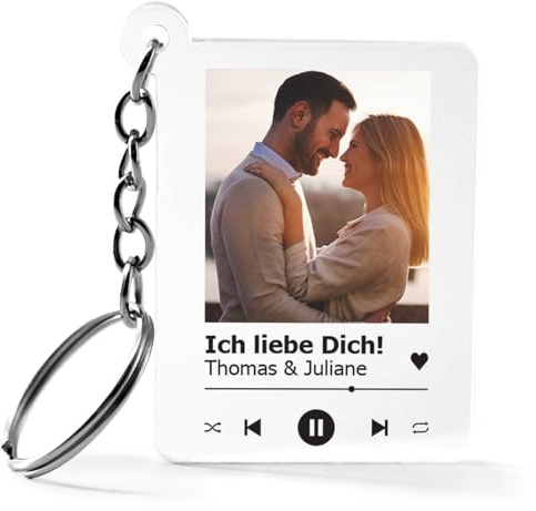 GRAVURZEILE Bedruckter Schlüsselanhänger aus Acrylglas - Song Cover mit Foto - Personalisiertes Geschenk mit eigenem Bild im Spotify Musik Cover Design - Fotogeschenke für Sie & Ihn, Transparent