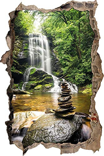 3D-Effekt Wandtattoo Aufkleber Durchbruch selbstklebendes Wandbild Wandsticker Stein Wanddurchbruch Wandaufkleber Tattoo,Zen Steine vor Wasserfall,Größe:60x90cm